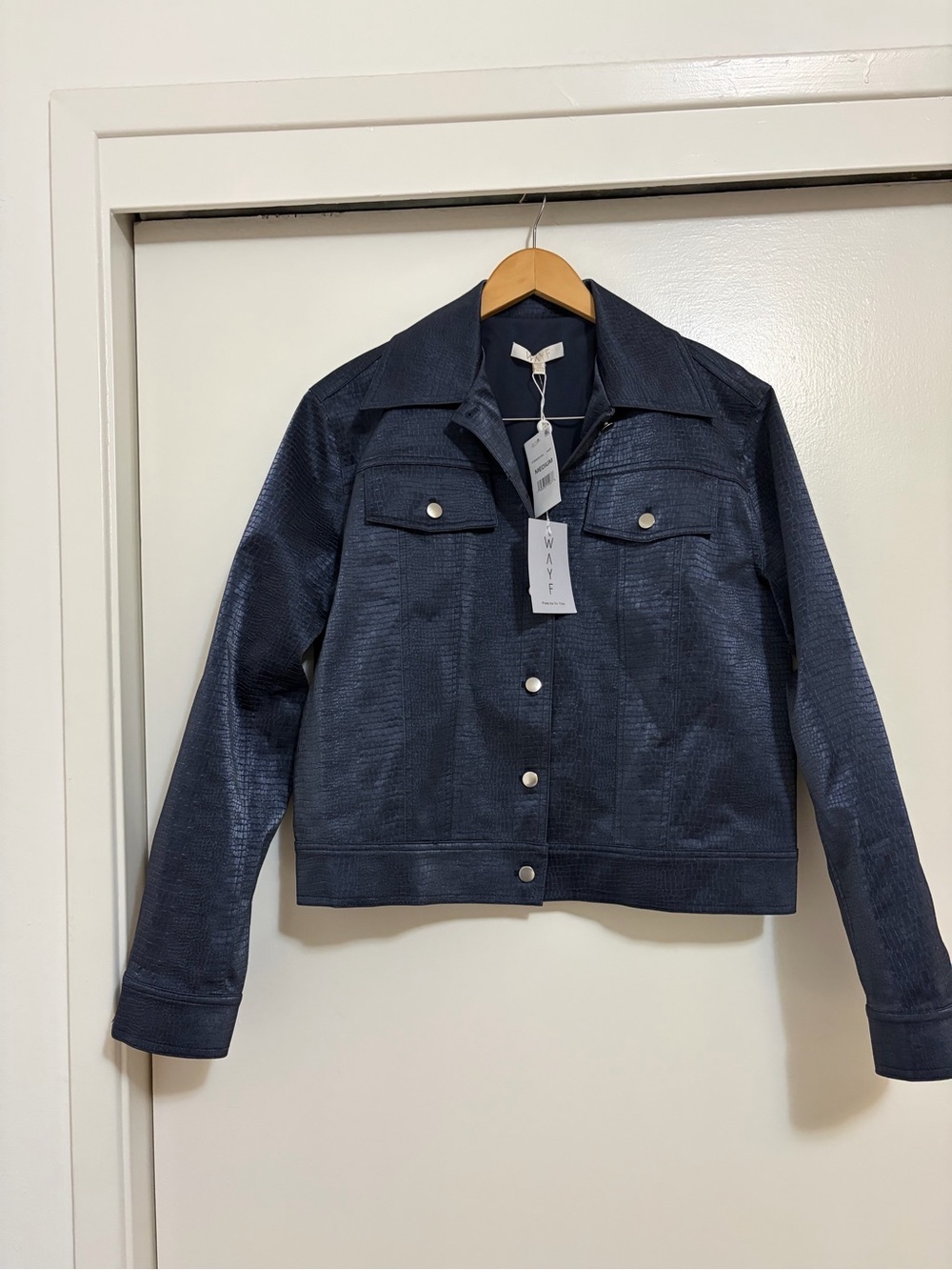 Wayf Camille Faux Leather Jacket in Metallic Navy - Picture 8 of 12